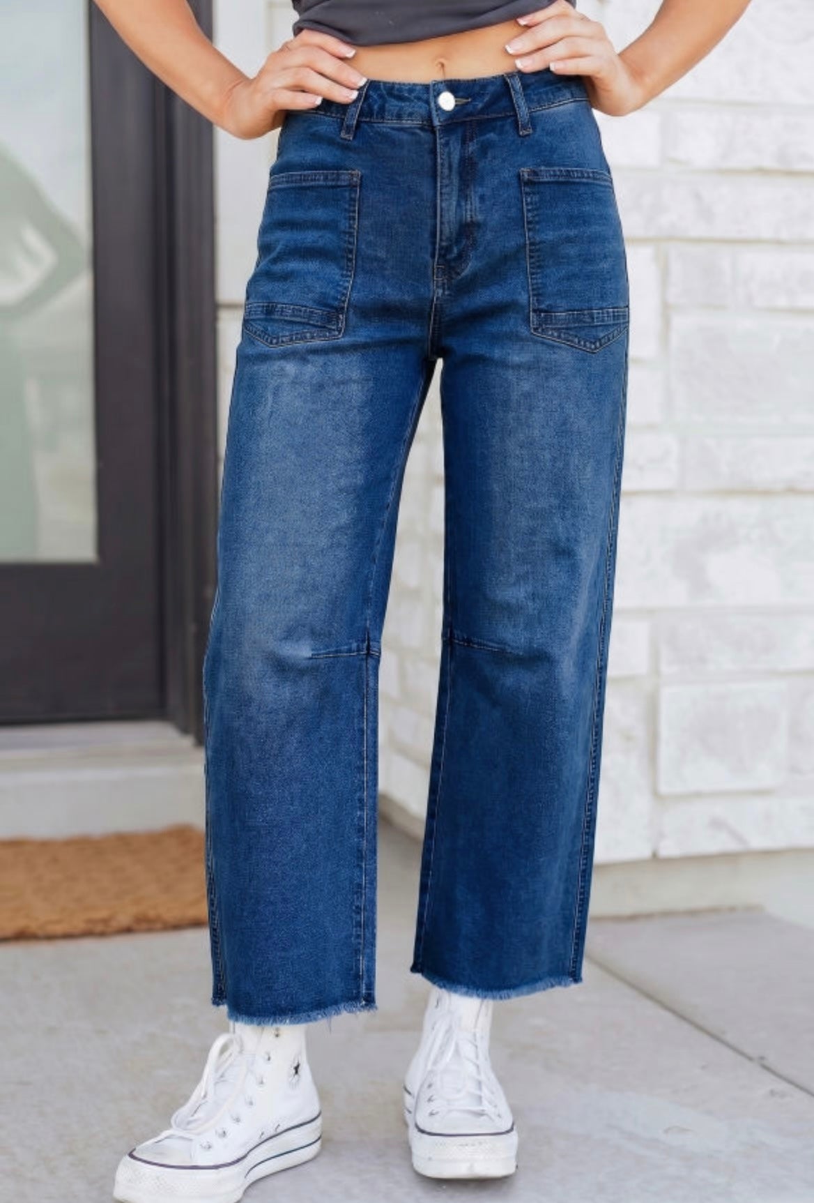 Dark Blue Frayed Barrel Jeans