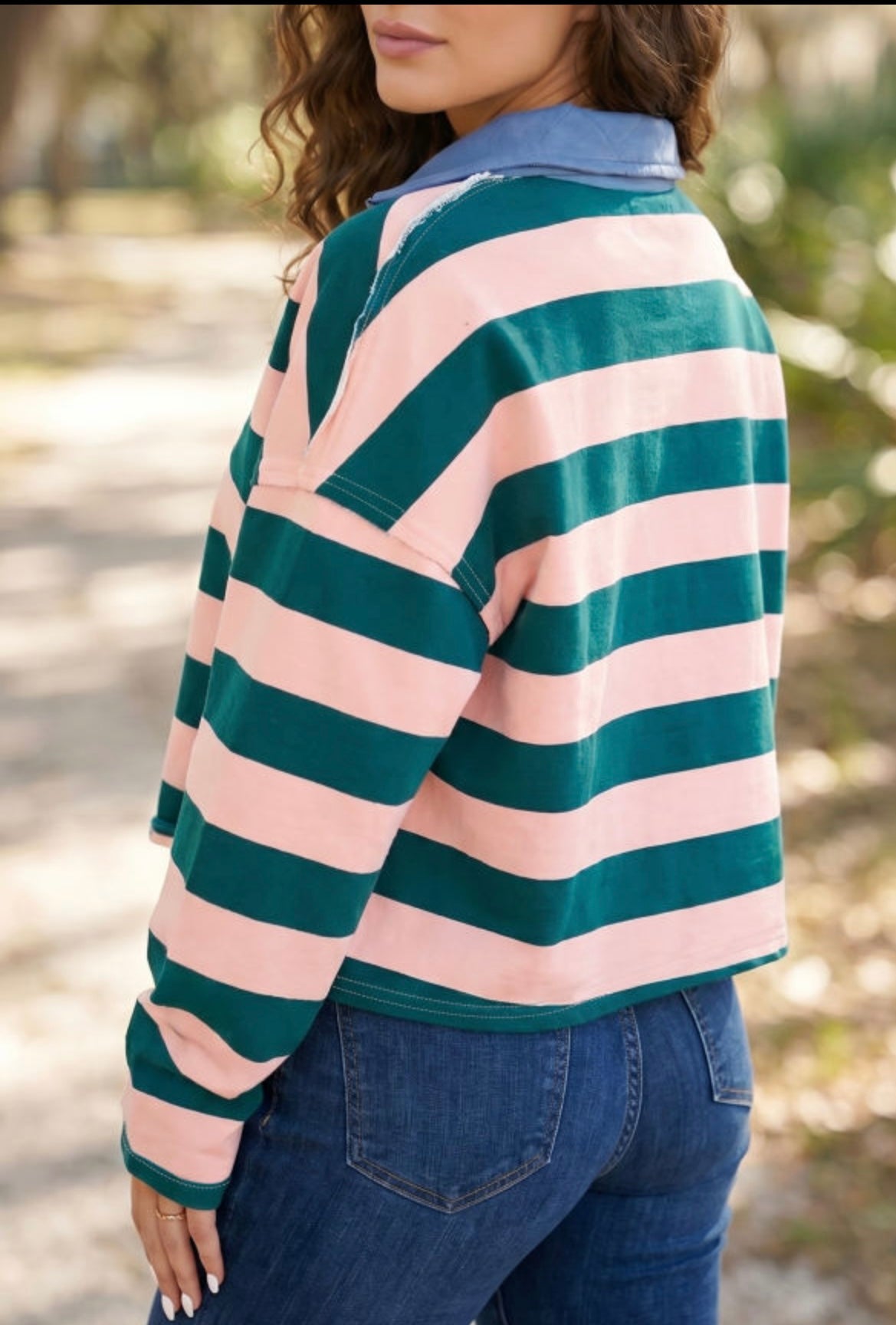 Green Stripe Quarter Zip Top
