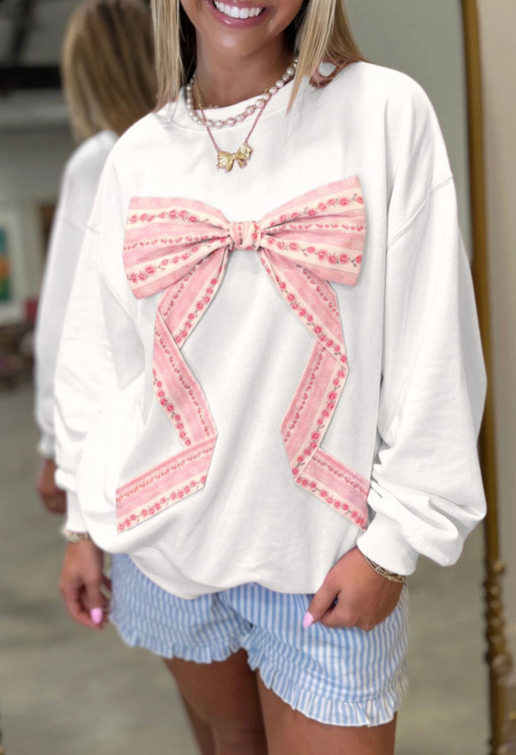 Floral Bow Drop Shoulder Long Sleeve Top