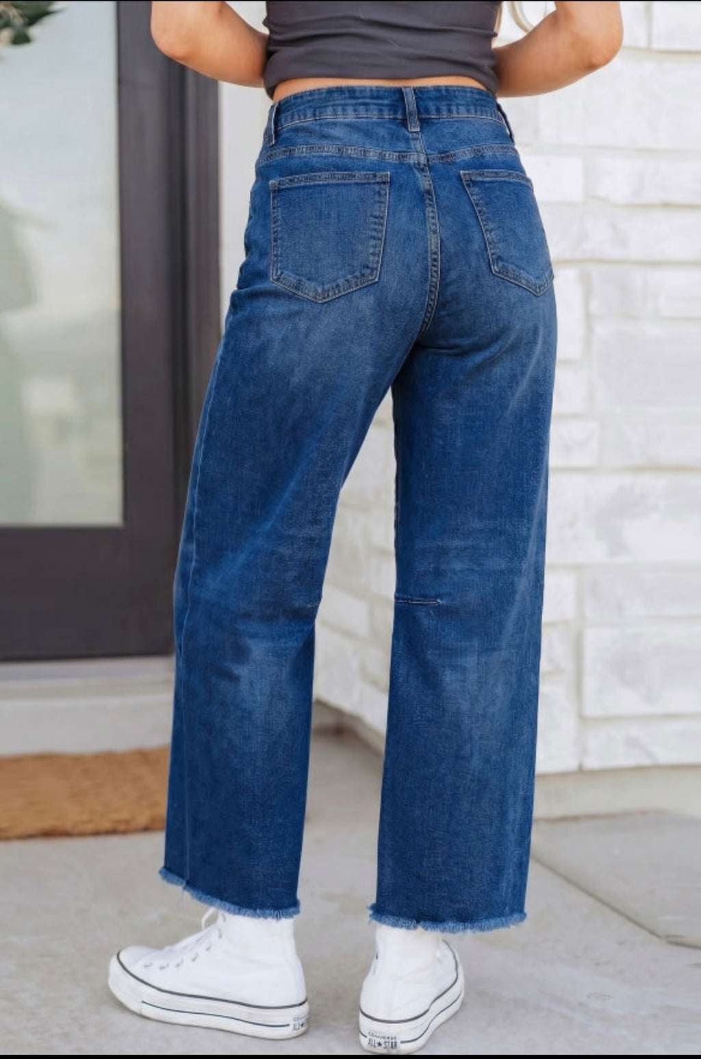 Dark Blue Frayed Barrel Jeans