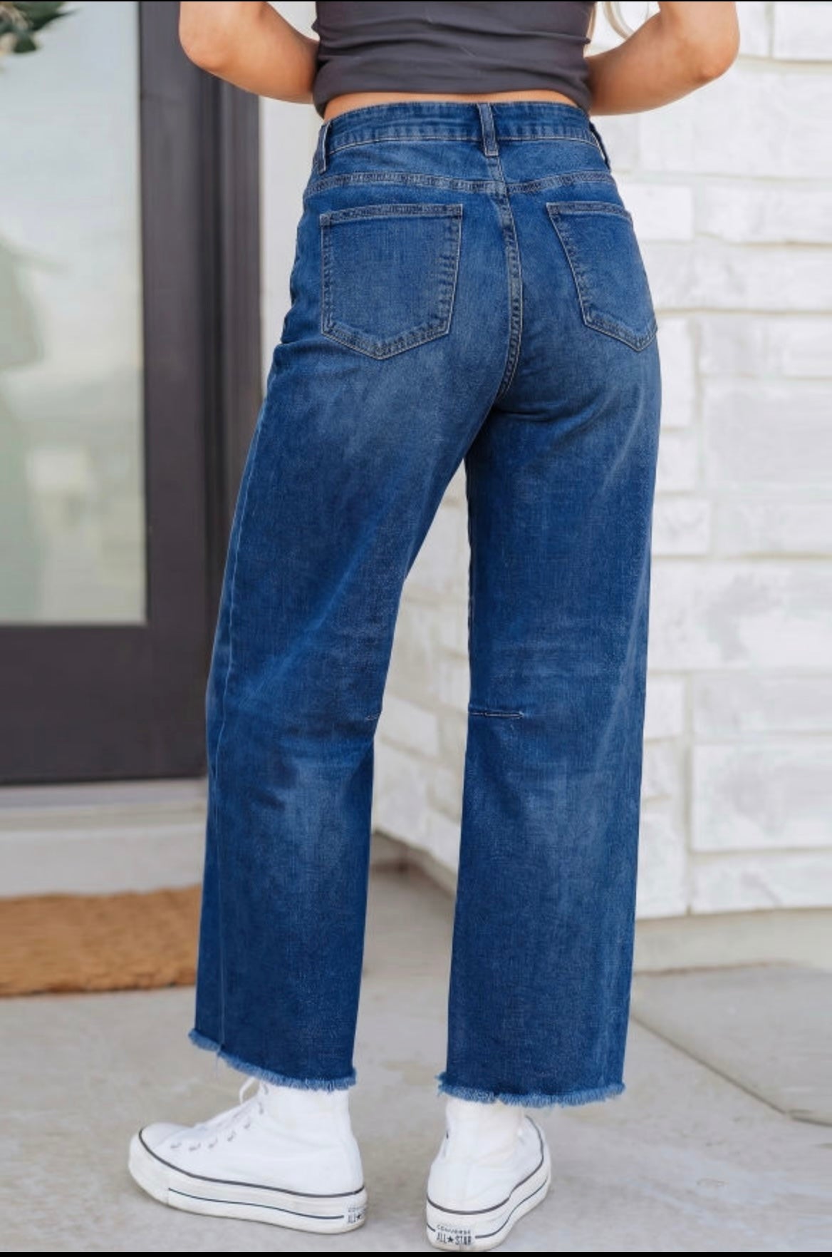 Dark Blue Frayed Barrel Jeans