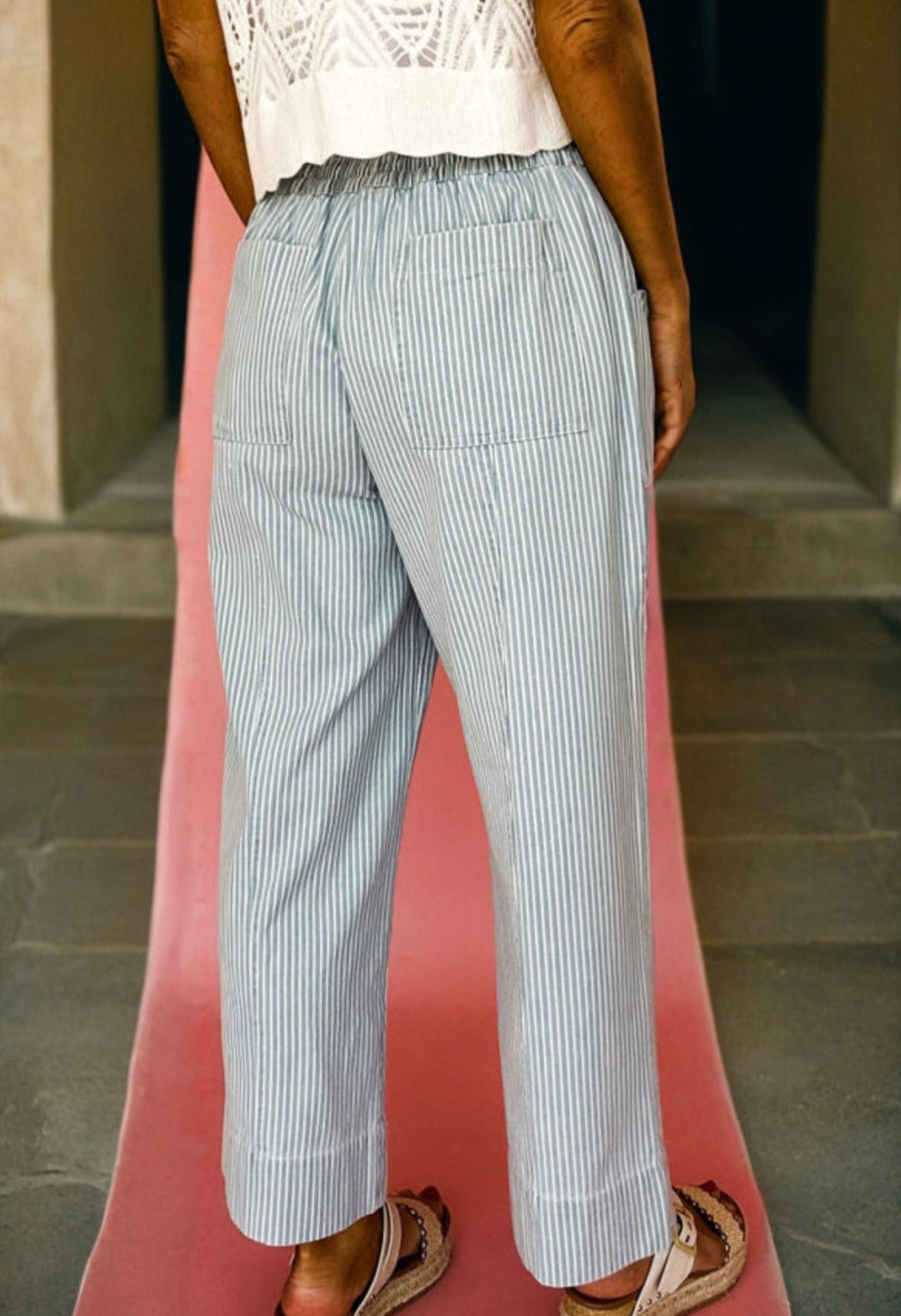 Sky Blue Stripe Mid Rise Drawstring Waist Jeans