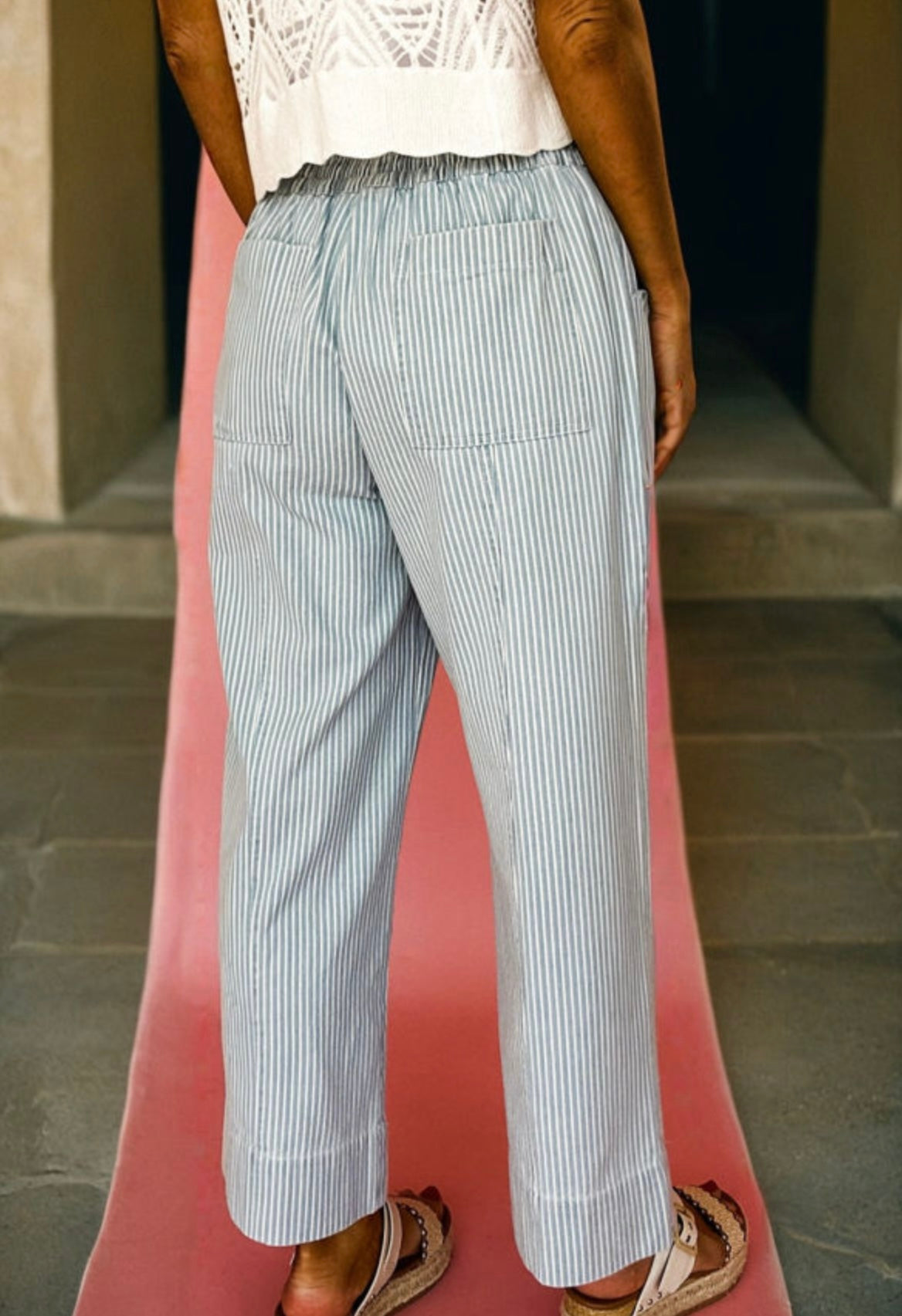 Sky Blue Stripe Mid Rise Drawstring Waist Jeans