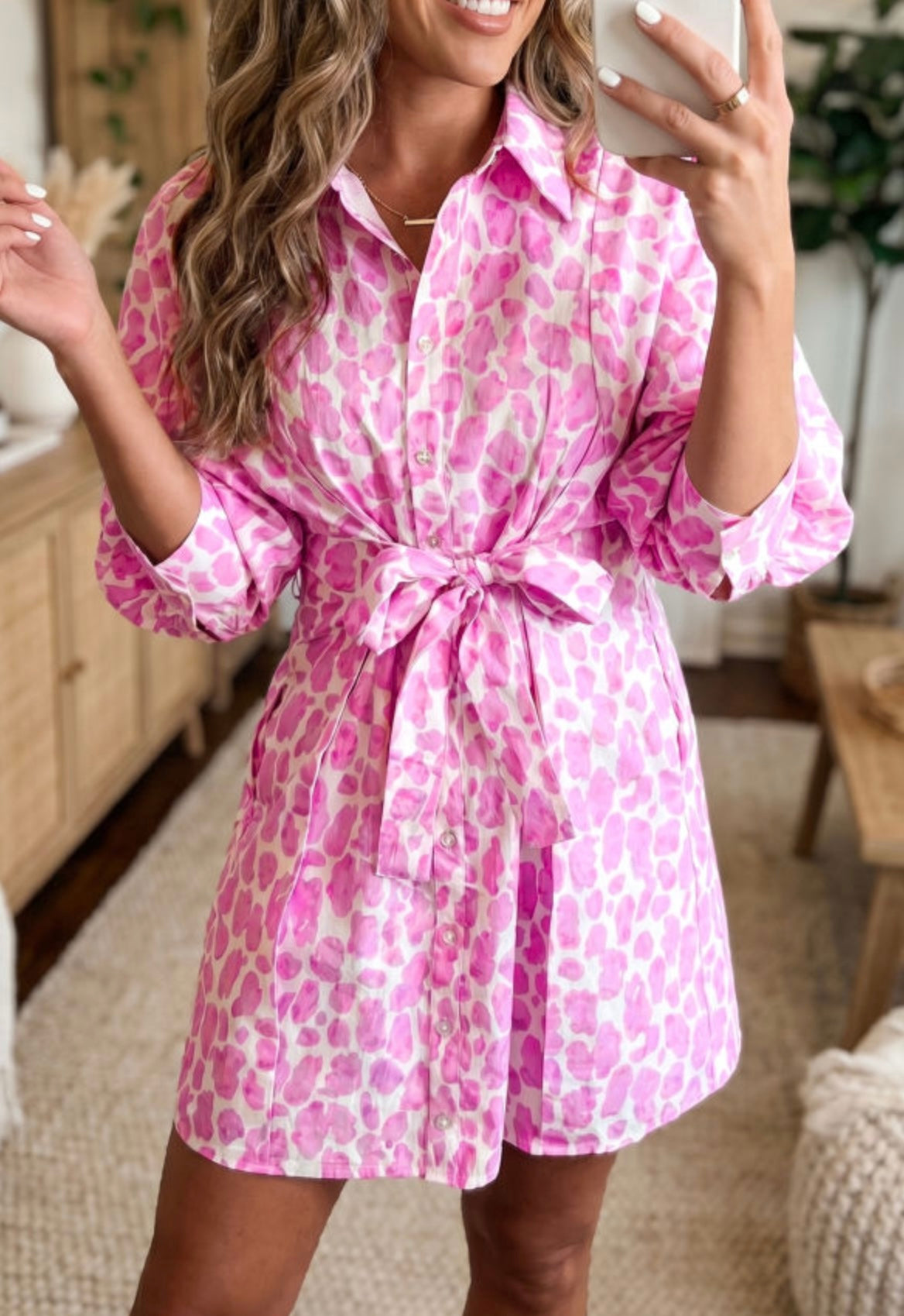Pink Leopard Tie Waist Dress