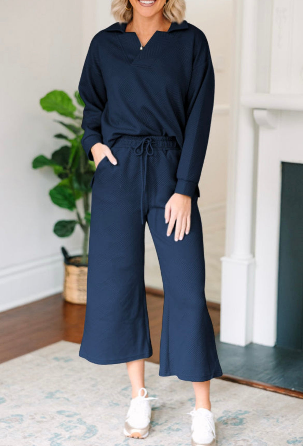Collared V Neck Wide Leg Pants Set