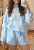 Blue Patchwork Drop Shoulder Set