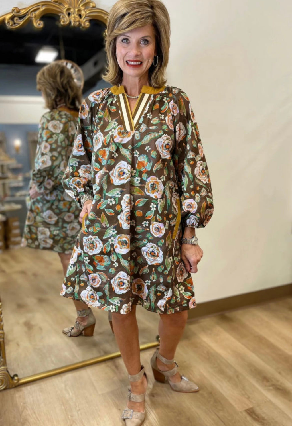 Brown Floral Print Pocketed Dress