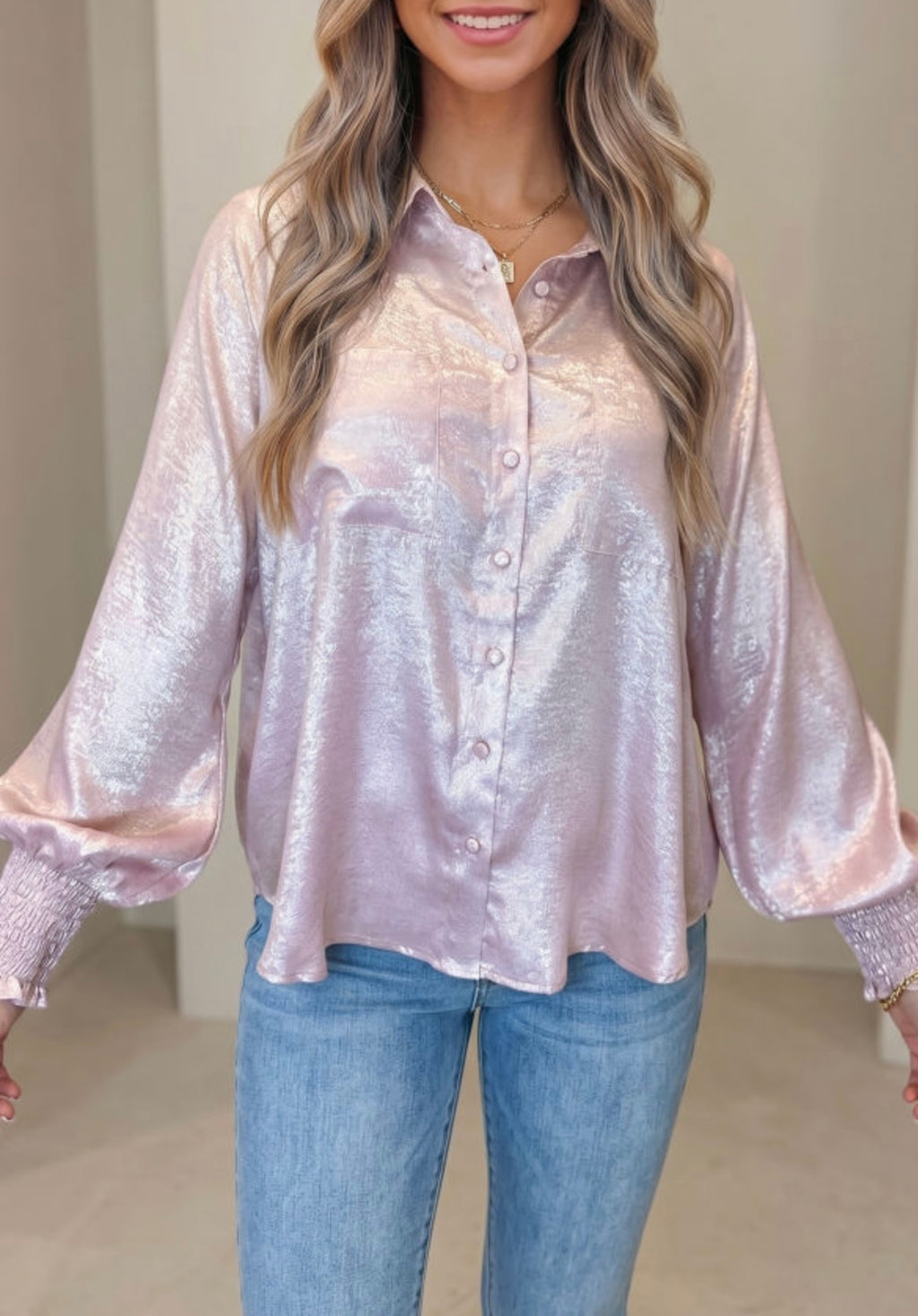 Long Sleeve Button Front Shimmer Top