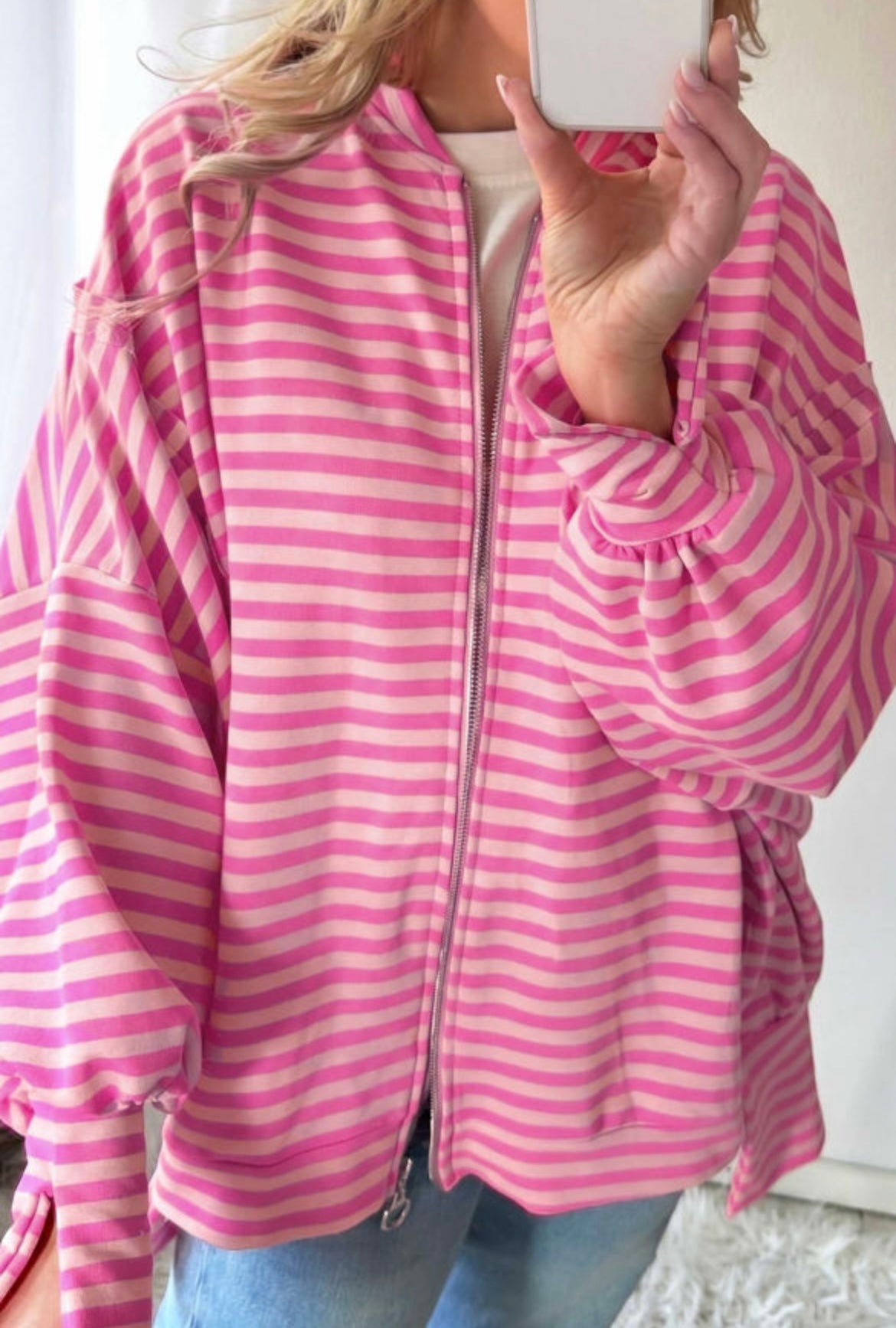 Pink Stripe Zip-up Puff Sleeve Zip Jacket