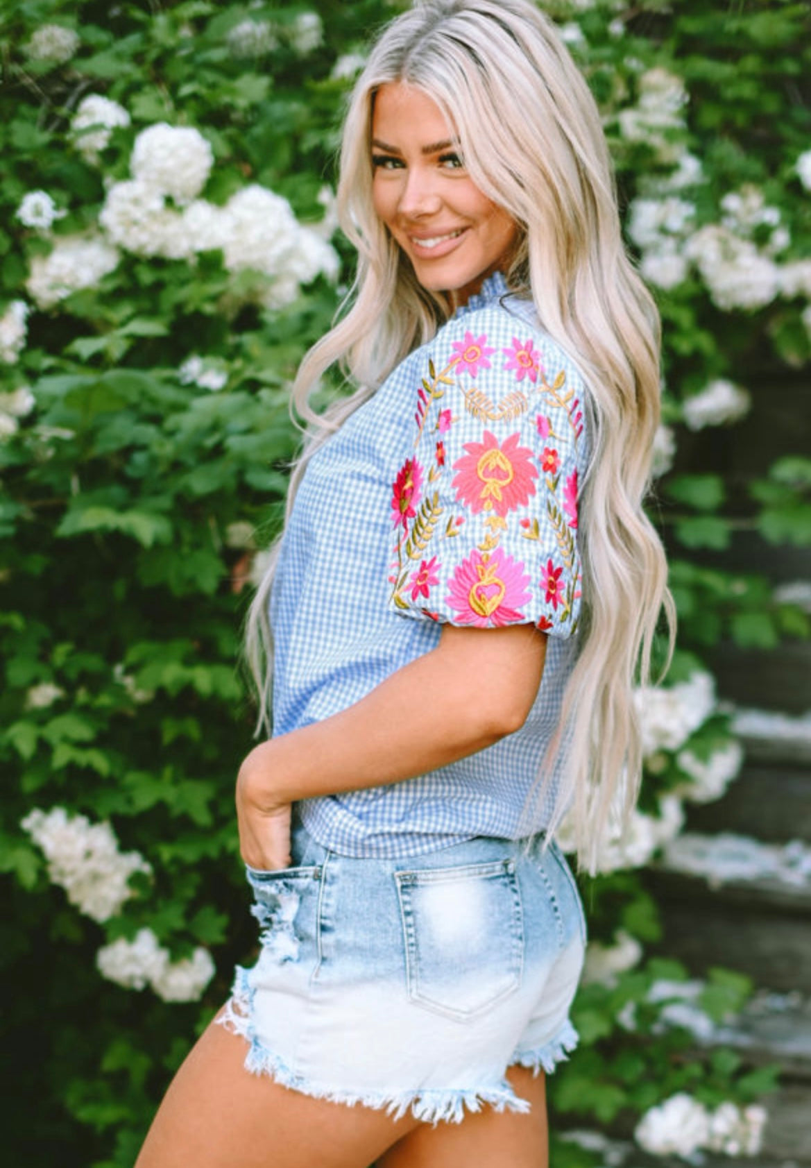 Light blue gingham embroidered top