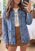 Patchwork Brown Leather Collar Denim Jacket
