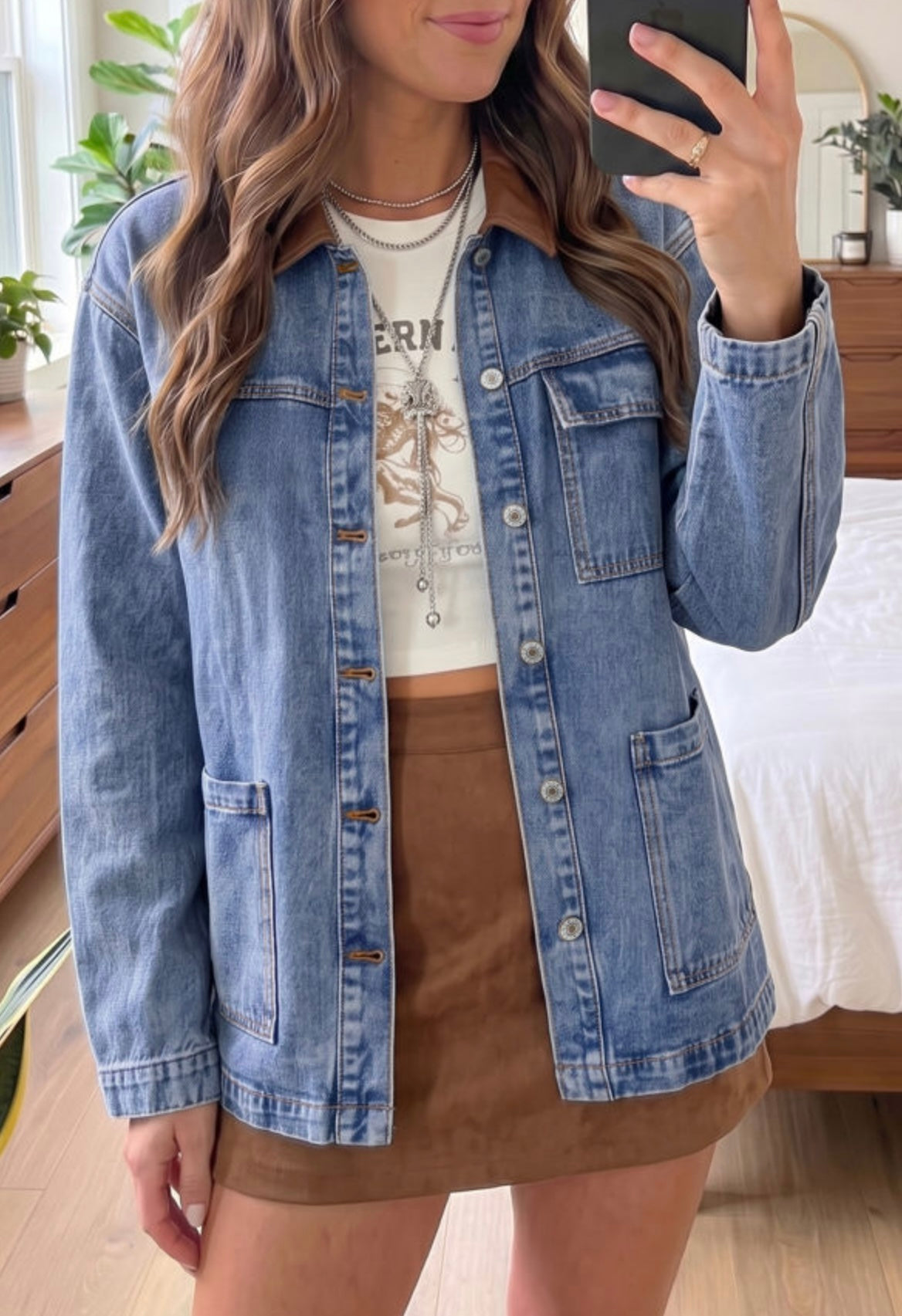 Patchwork Brown Leather Collar Denim Jacket