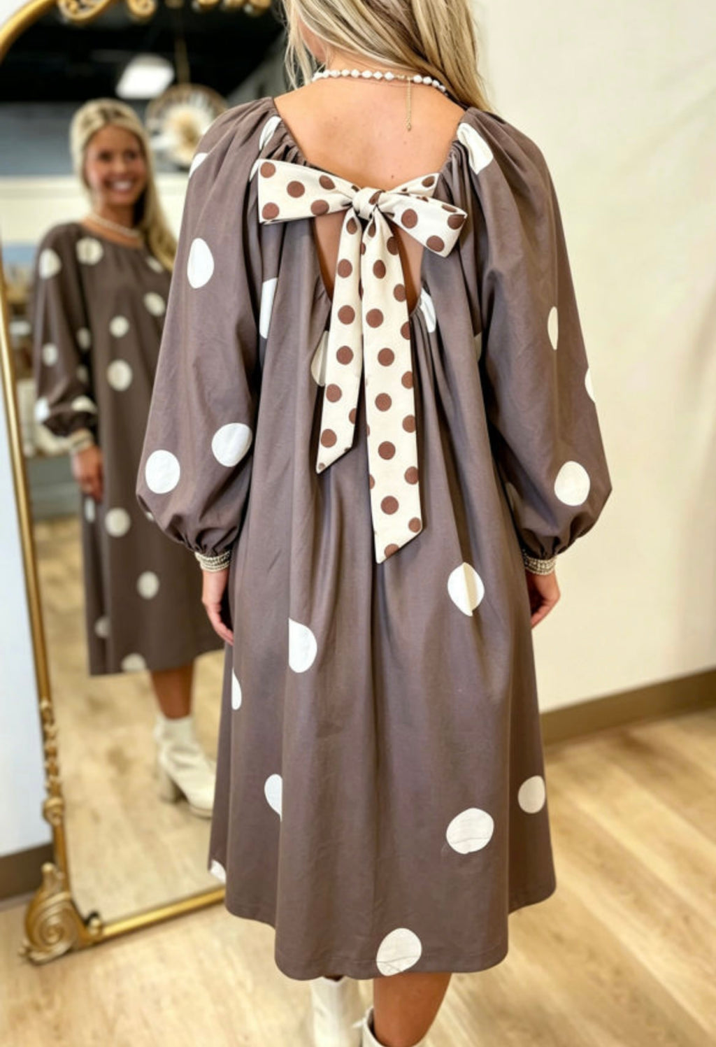 Brown Polka Dot Midi Dress
