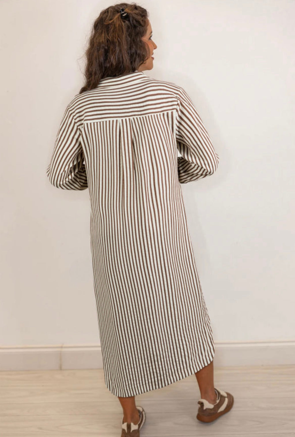 Brown Stripe Textured 3/4 Midi Shirt Dress
