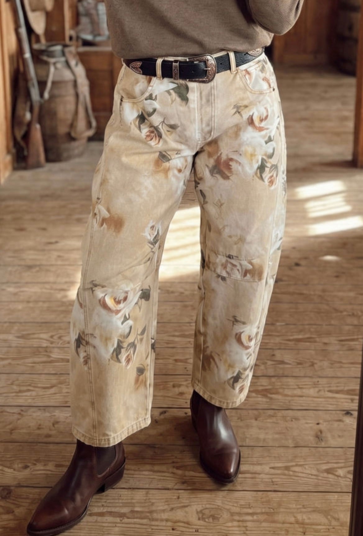 Khaki Retro Flower Jeans