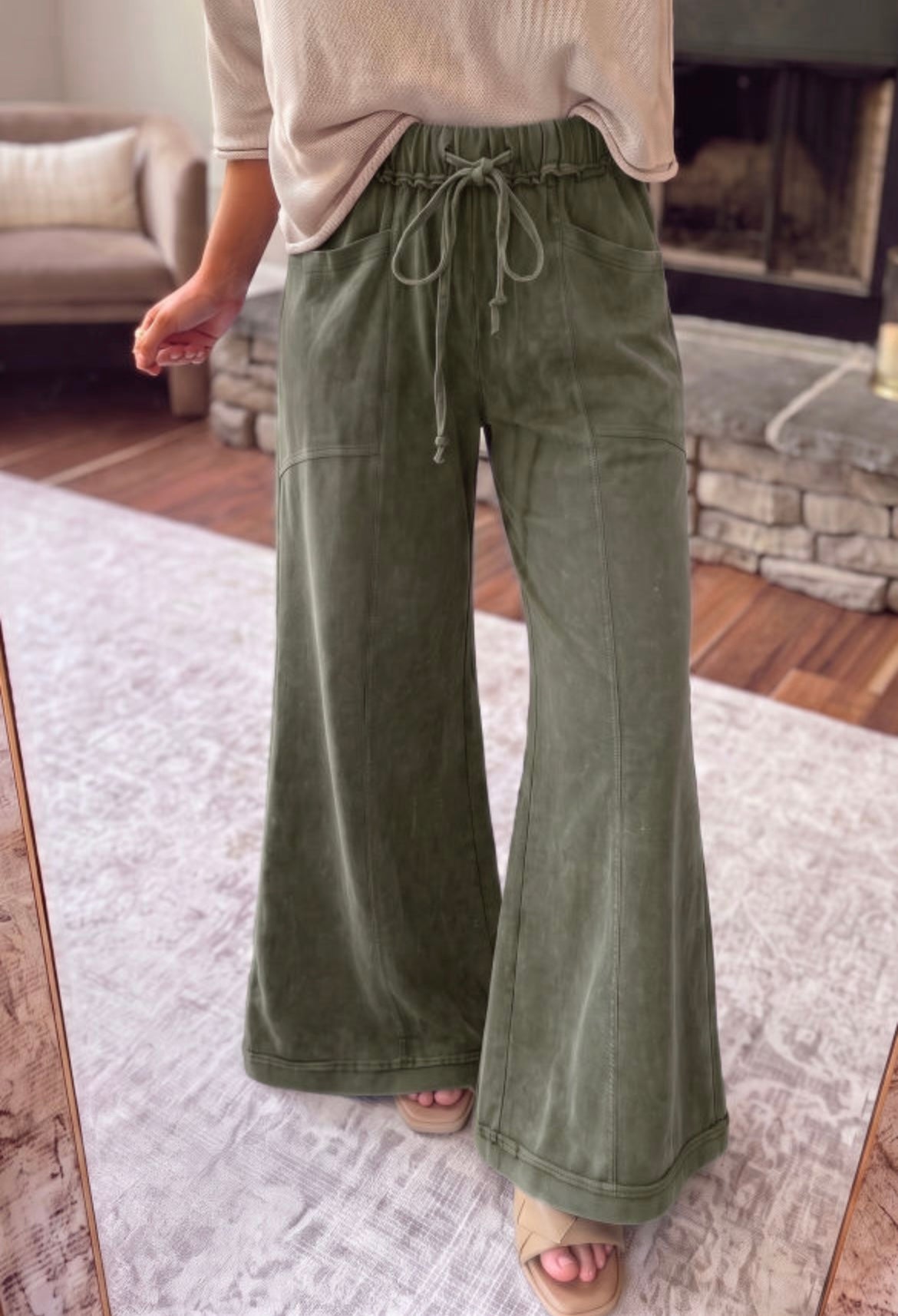 Mineral Wash Flare Leg Drawstring Pants