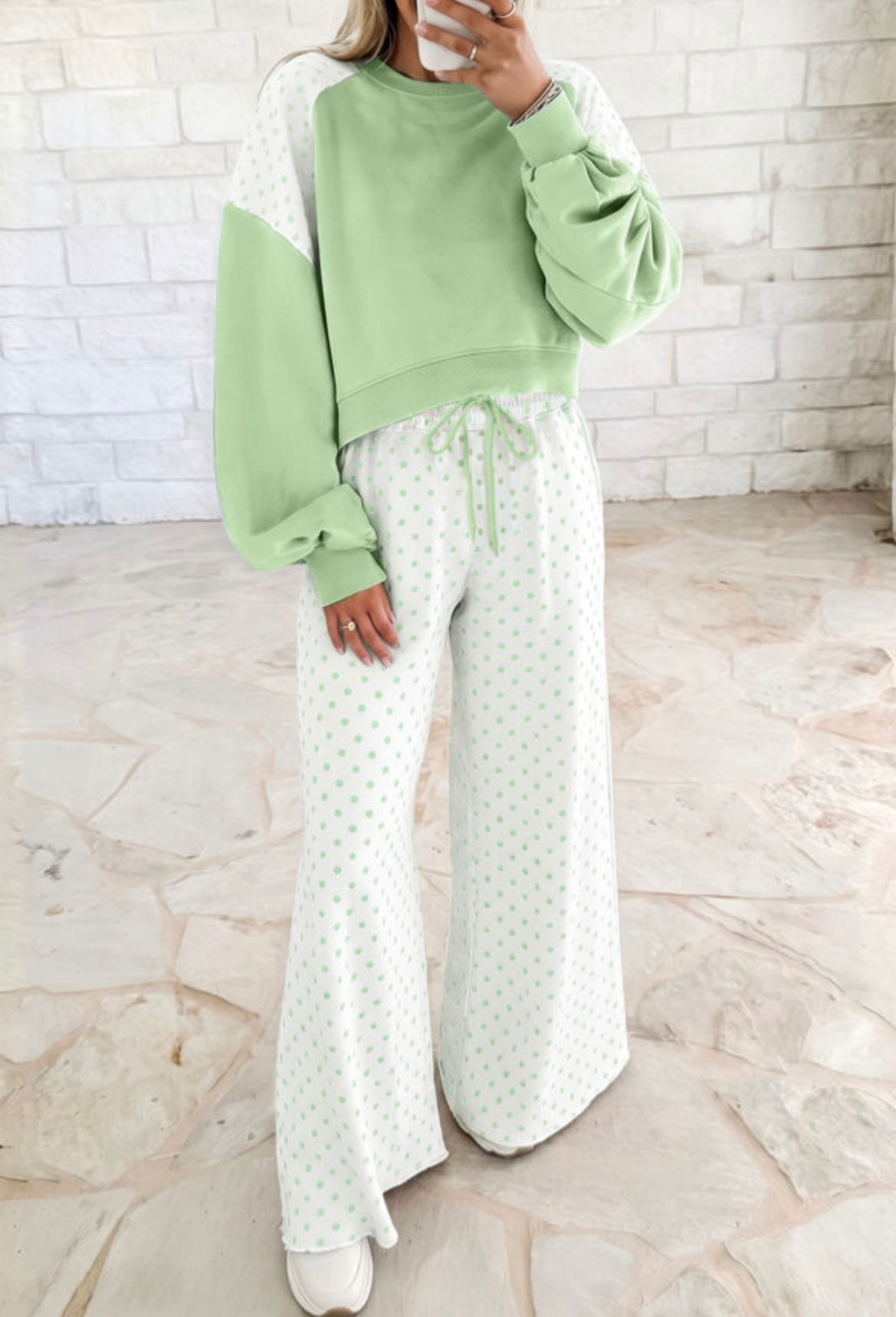 Polka Dot Patchwork Colorblock Long Sleeve Set