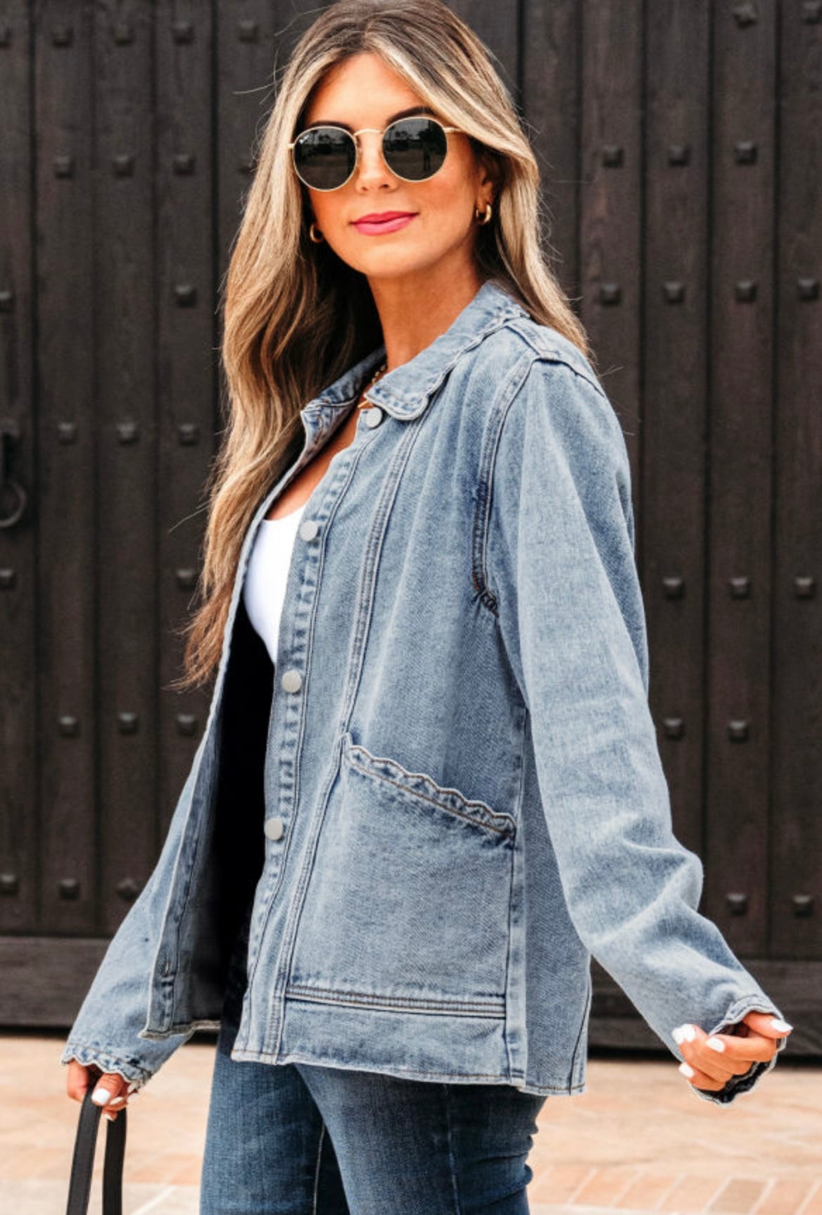 Scallop Trim Collar Mineral Wash Denim Jacket