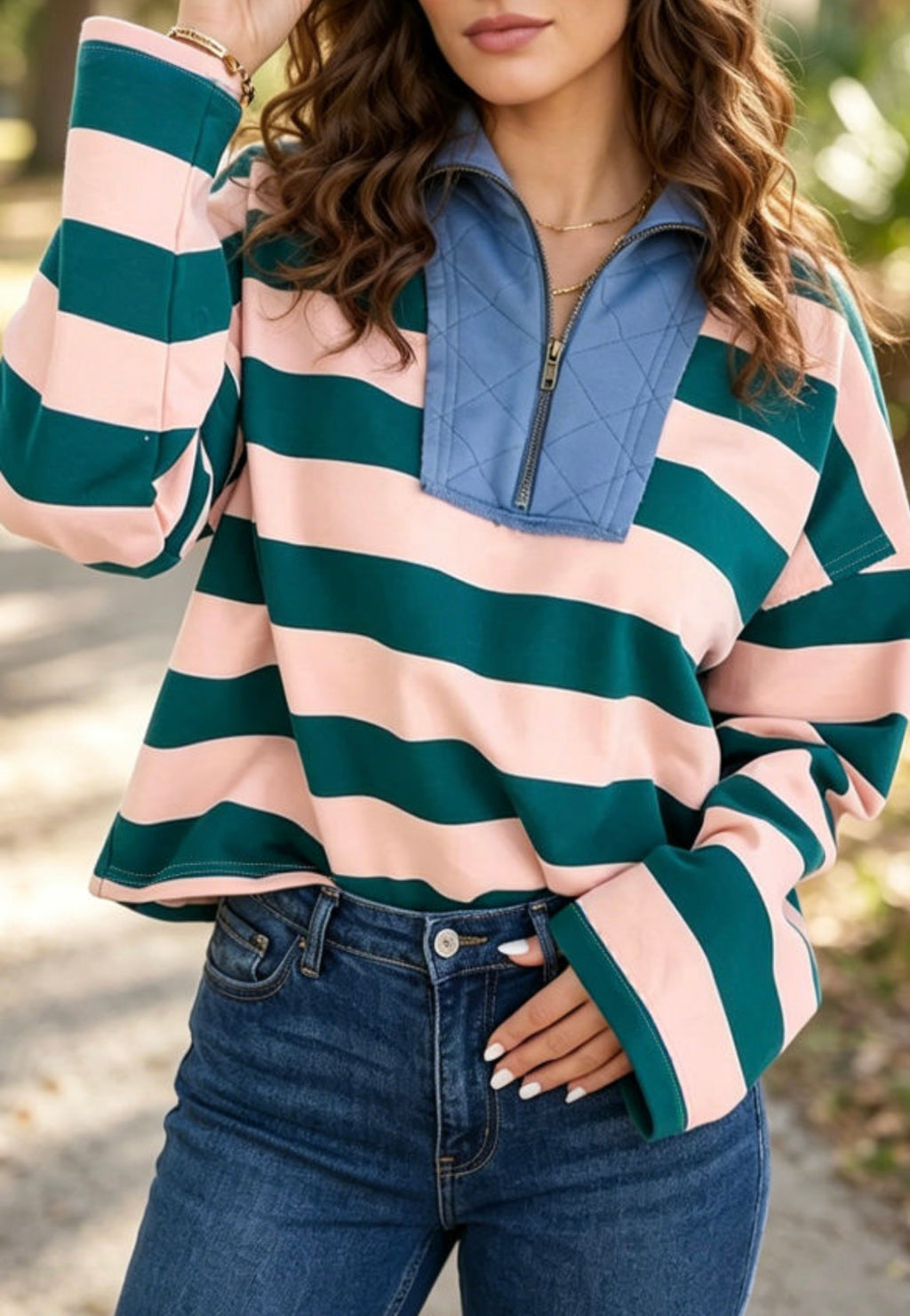 Green Stripe Quarter Zip Top