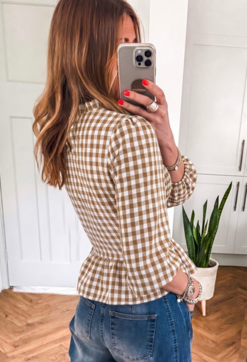 Brown 3/4 Sleeve Peplum Top
