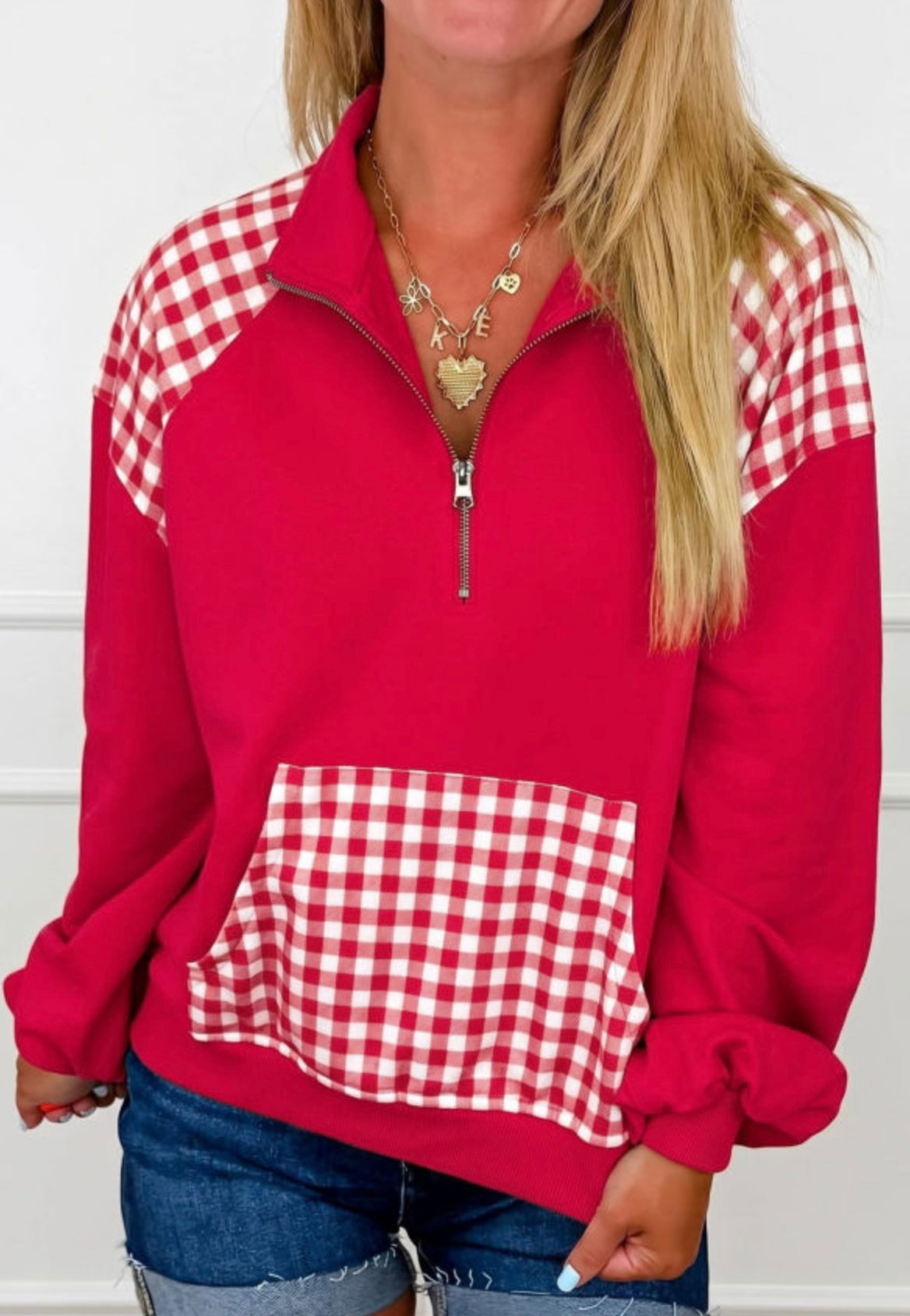 Patchwork Plaid Pocket Quarter Zip Sweatshirt