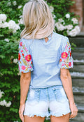 Light blue gingham embroidered top