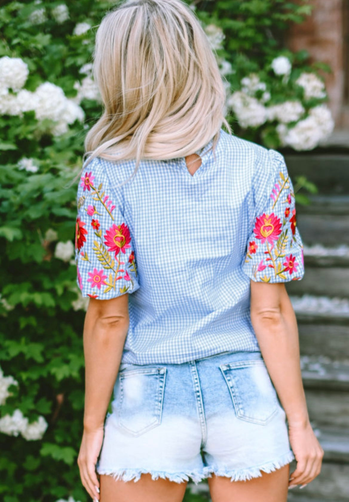 Light blue gingham embroidered top