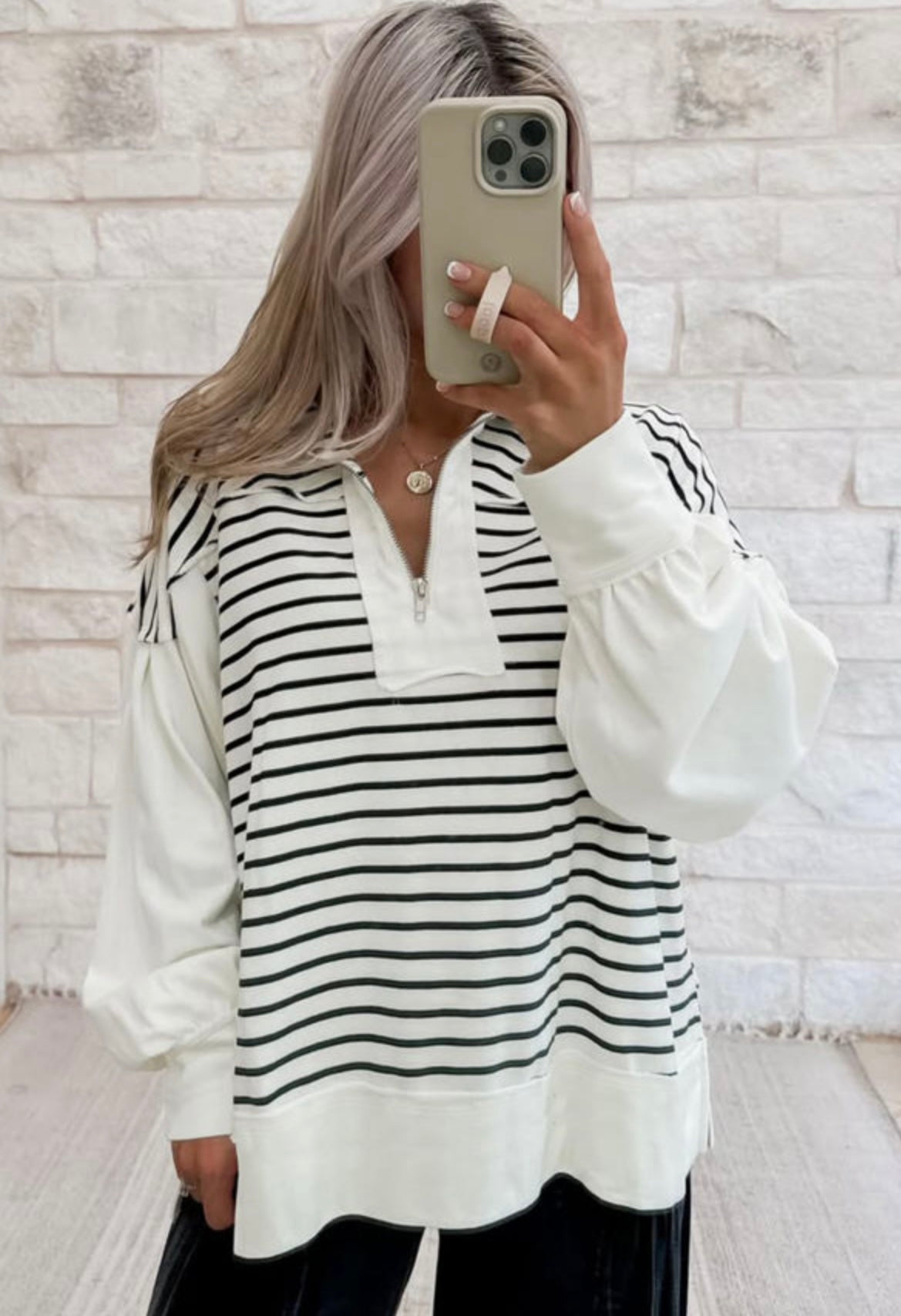 White Stripe Long Puff Sleeve Top
