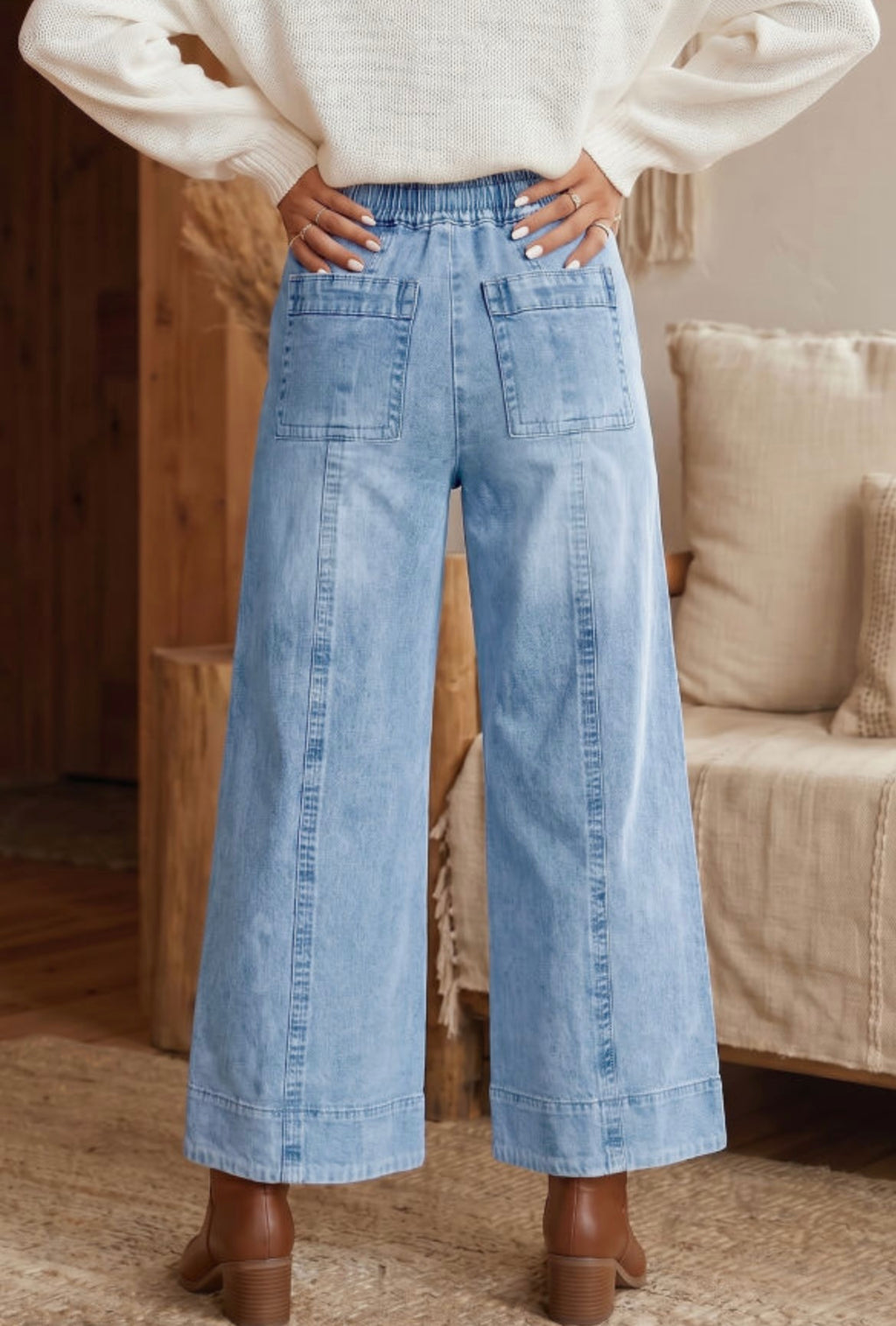 Drawstring Waist Wide Leg Ankle Jeans