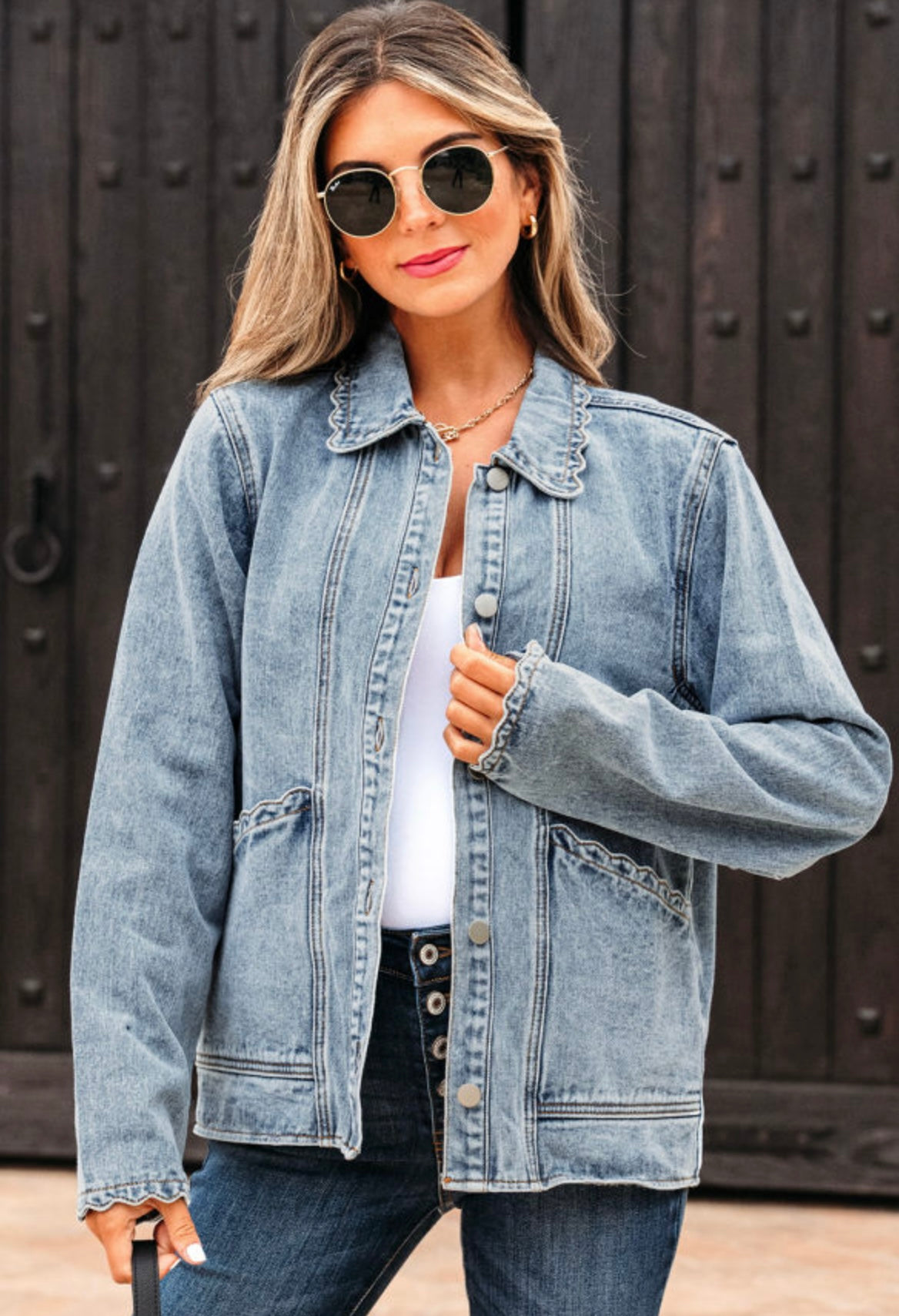 Scallop Trim Collar Mineral Wash Denim Jacket