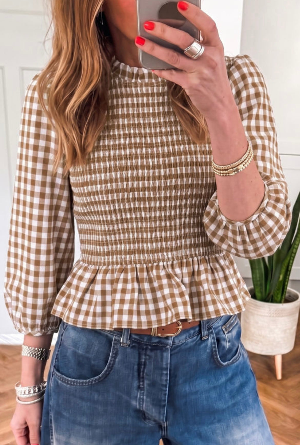 Brown 3/4 Sleeve Peplum Top