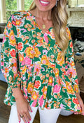 Green Floral Puff Sleeve Top