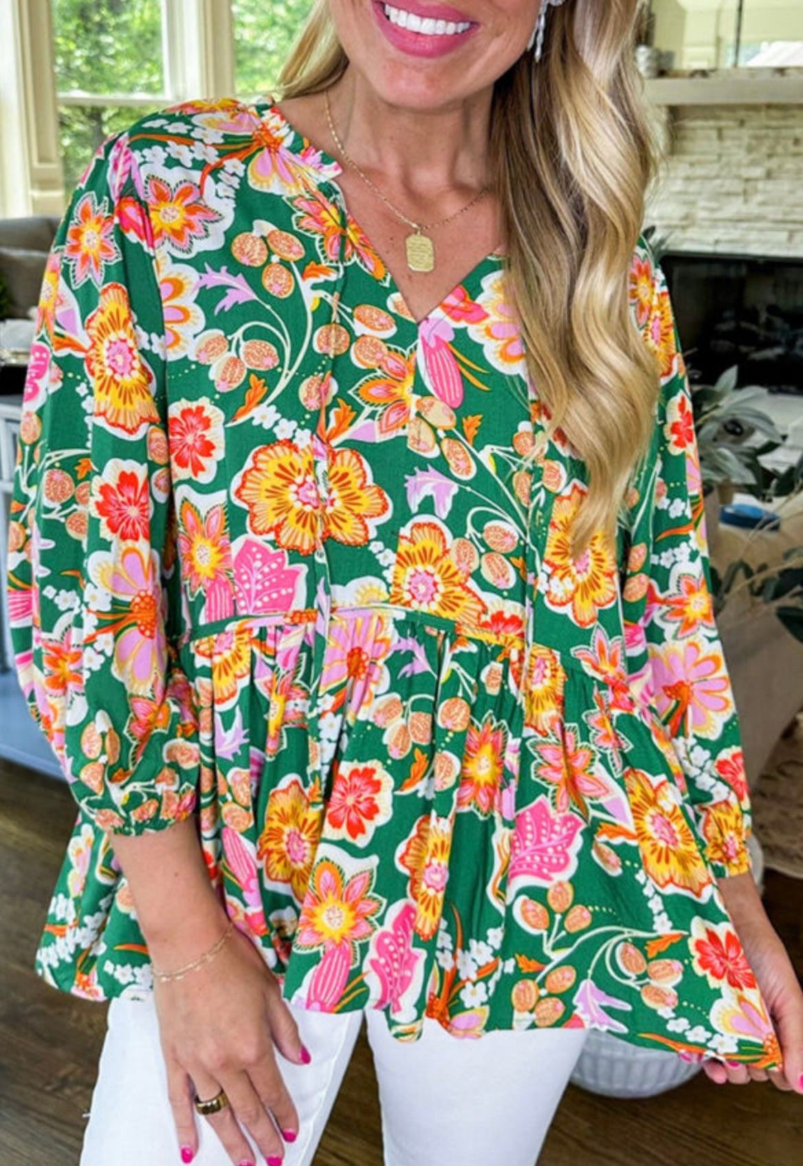 Green Floral Puff Sleeve Top