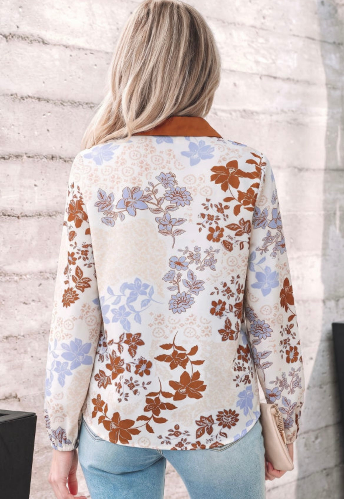 Floral Print Color Block Long Sleeve Blouse