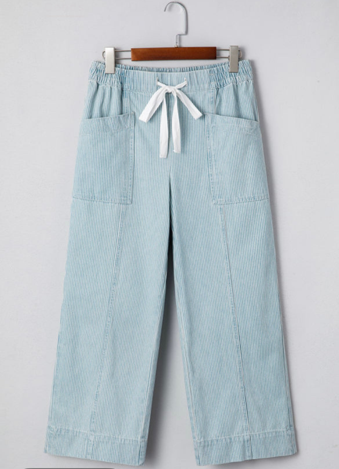 Sky Blue Stripe Mid Rise Drawstring Waist Jeans