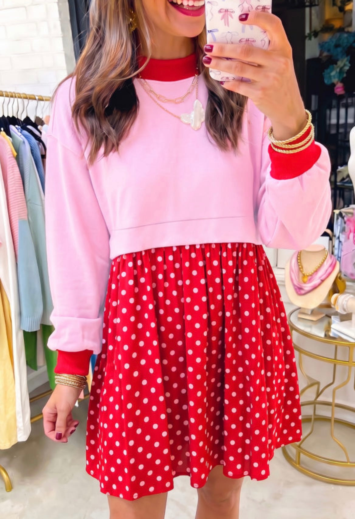Pink Polka Dot Pleated Dress
