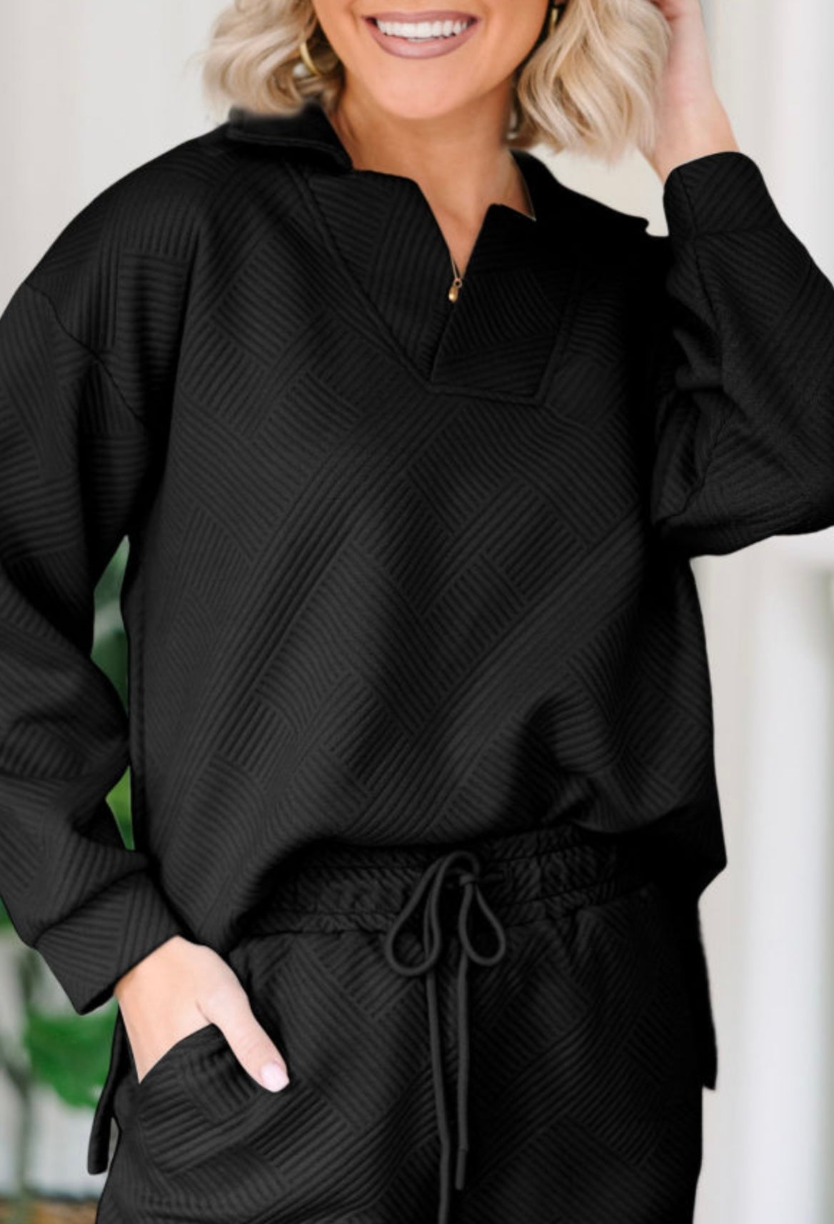 Collared V Neck Wide Leg Pants Set