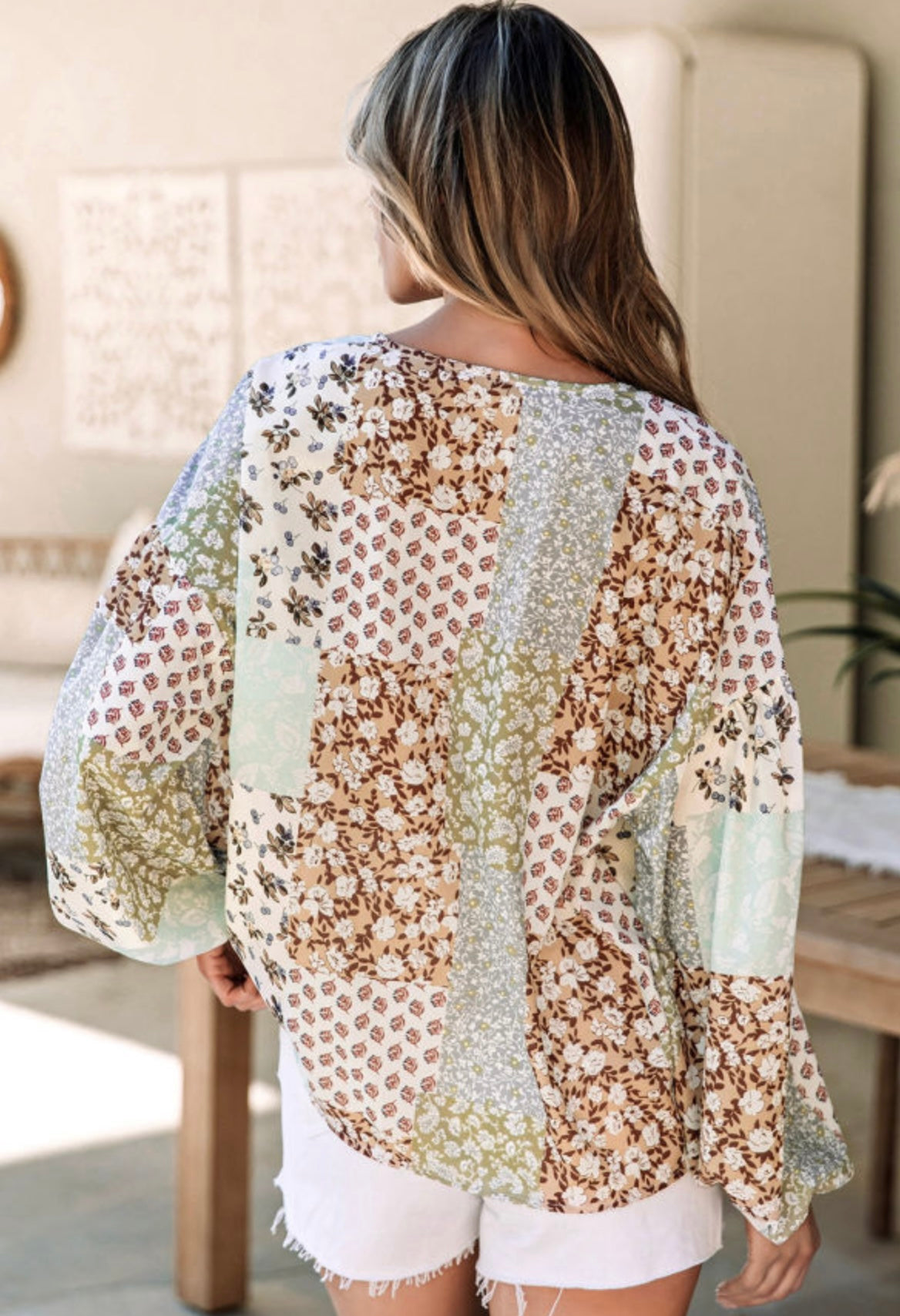 Multicolor patchwork long sleeve top