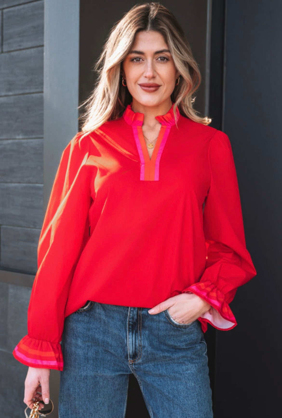Striped Trim Ruffle Neck Blouse