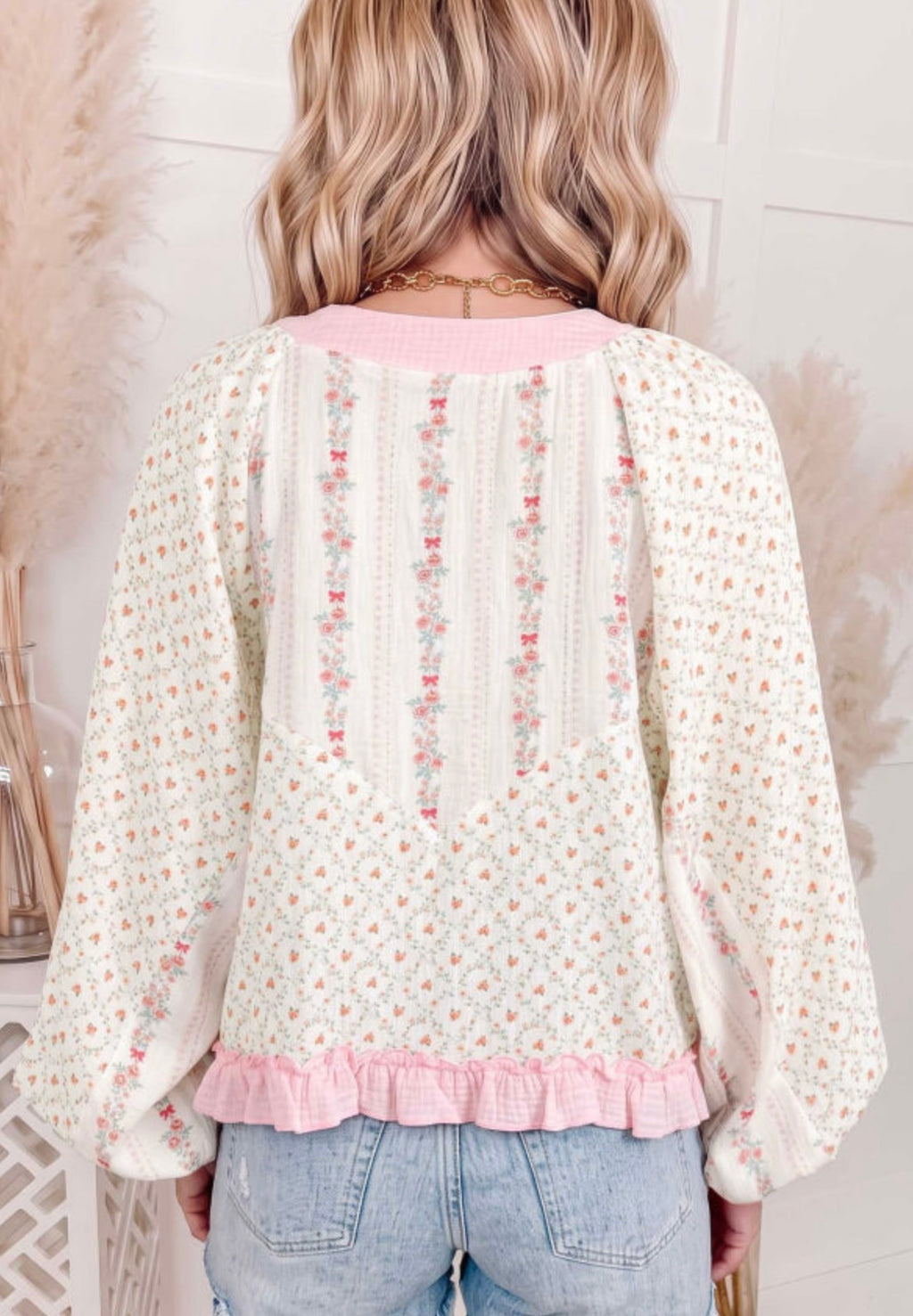 Beige Floral Print Lace Up Blouse