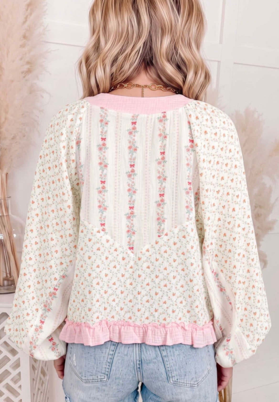 Beige Floral Print Lace Up Blouse