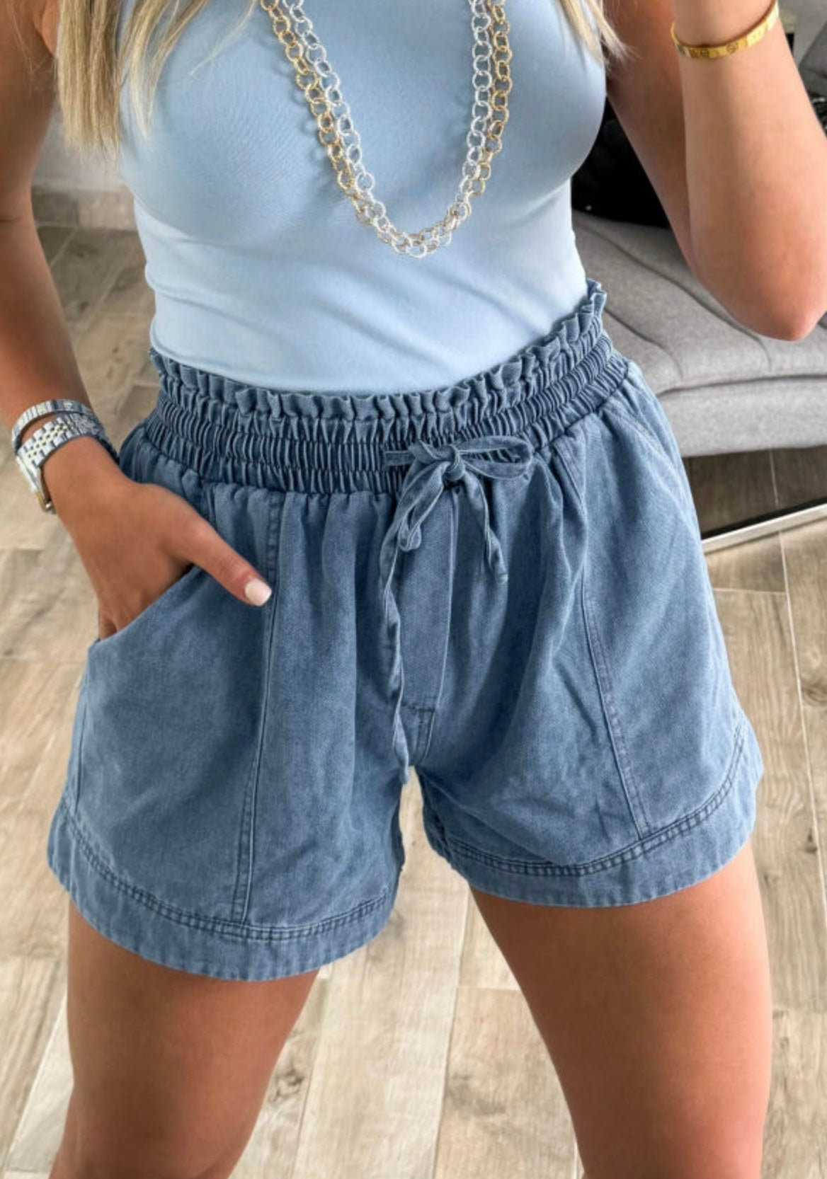 Smocked Elastic Waist Denim Shorts