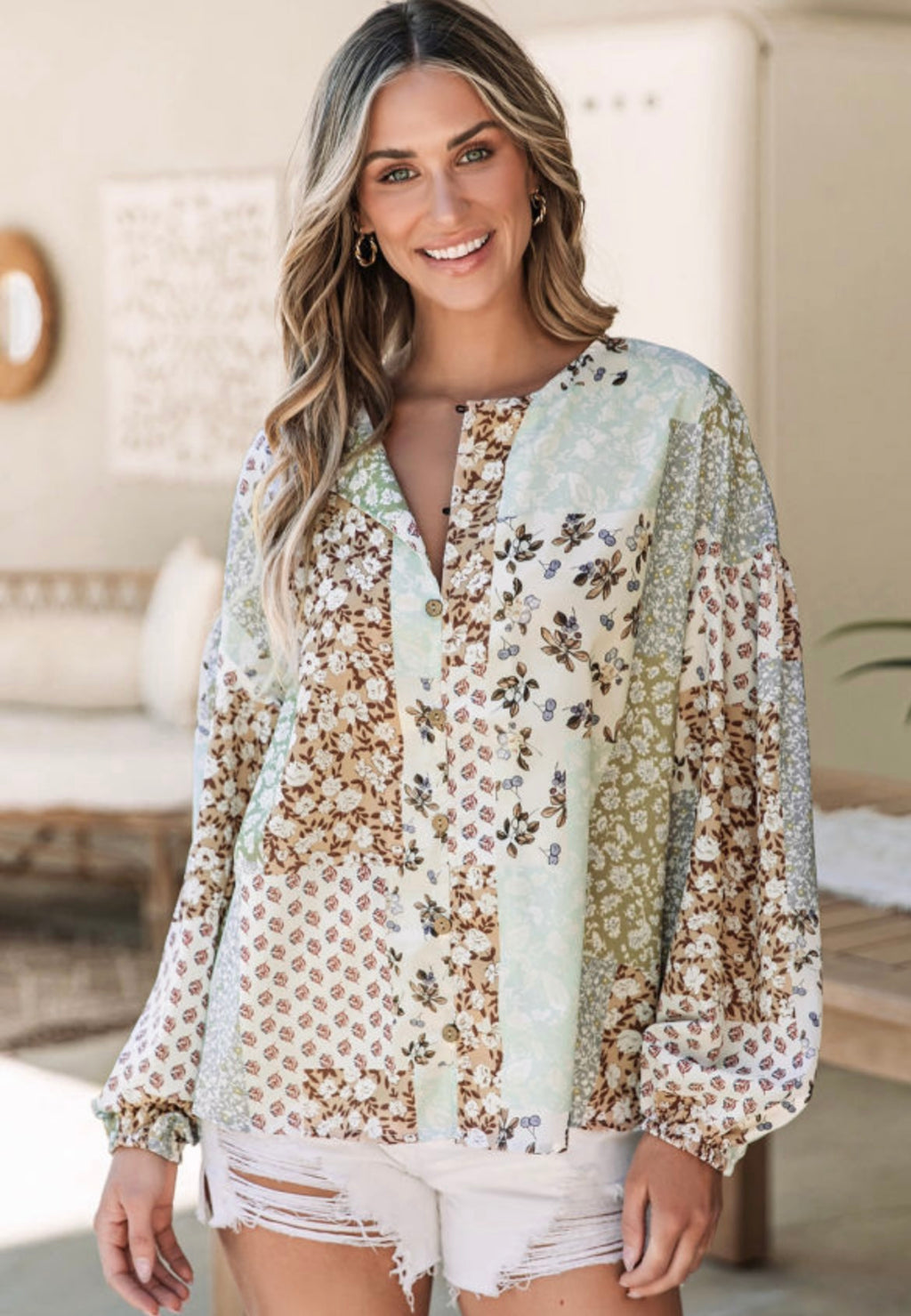 Multicolor patchwork long sleeve top