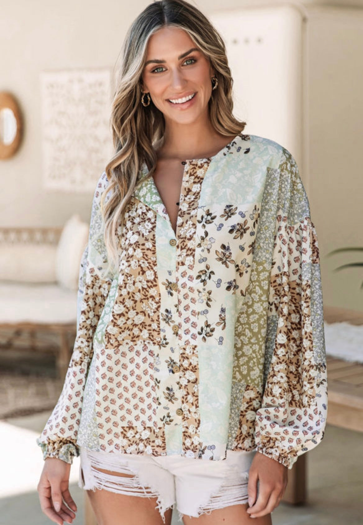 Multicolor patchwork long sleeve top