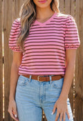 Rose Stripe Pink Puff Sleeve Top