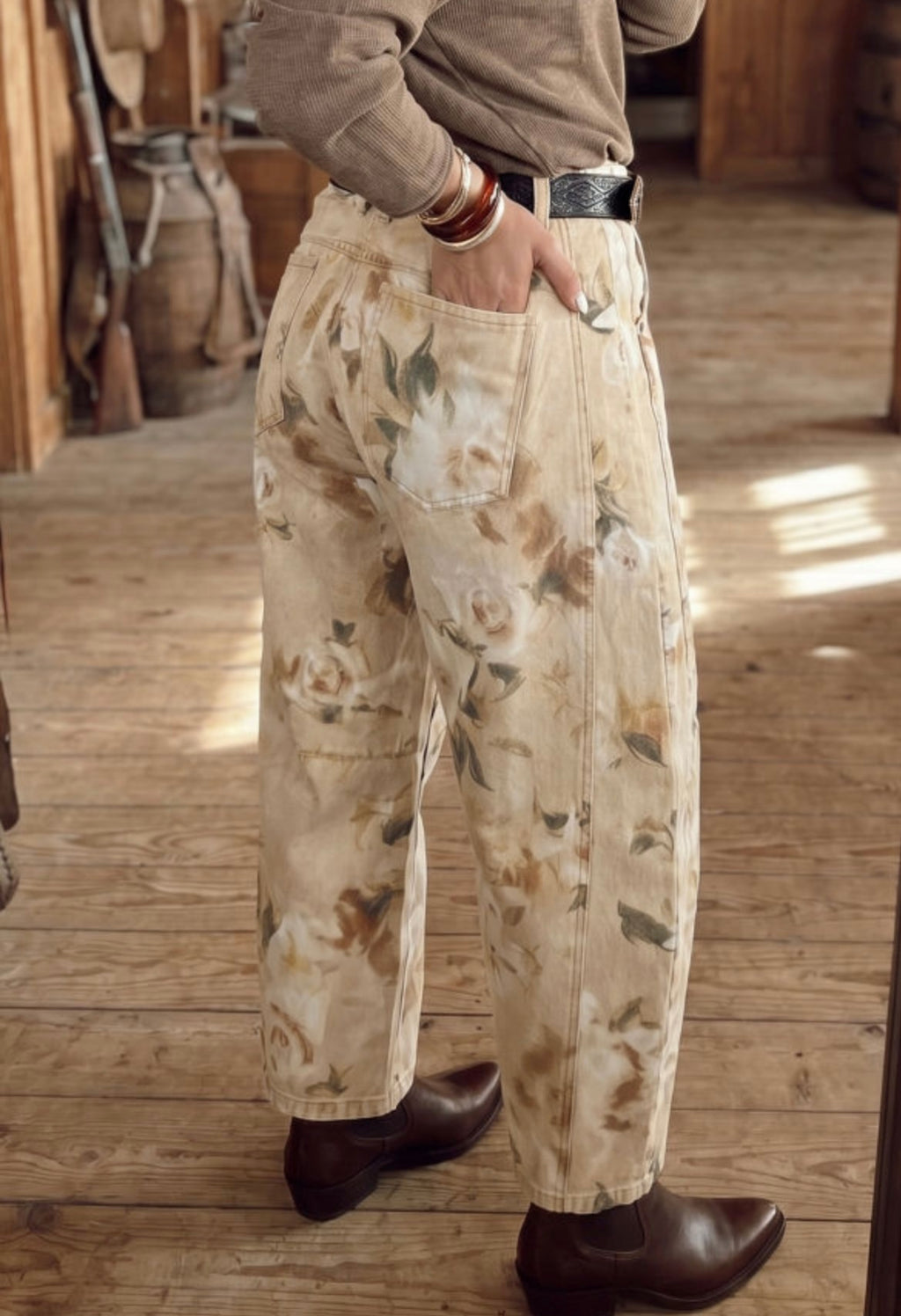 Khaki Retro Flower Jeans