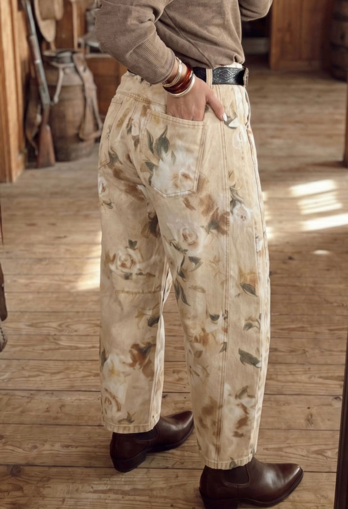 Khaki Retro Flower Jeans