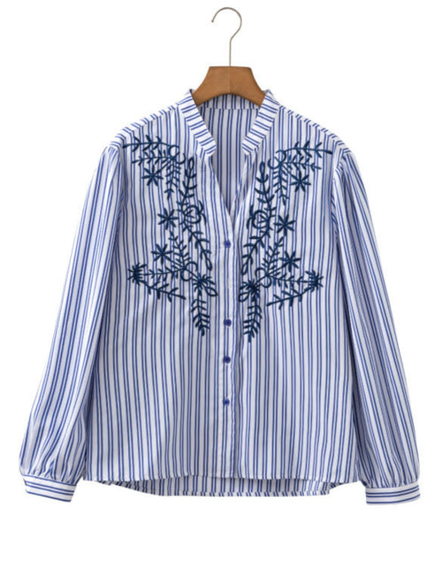 Blue Stripe Embroidered Top