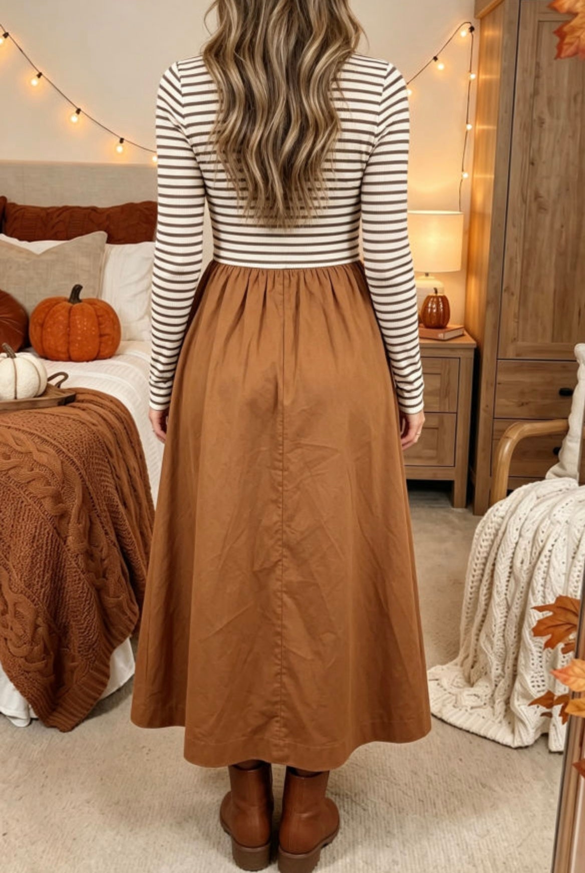 Brown Stripe Ribbed Knit Long Sleeve Contrast Flare Dress