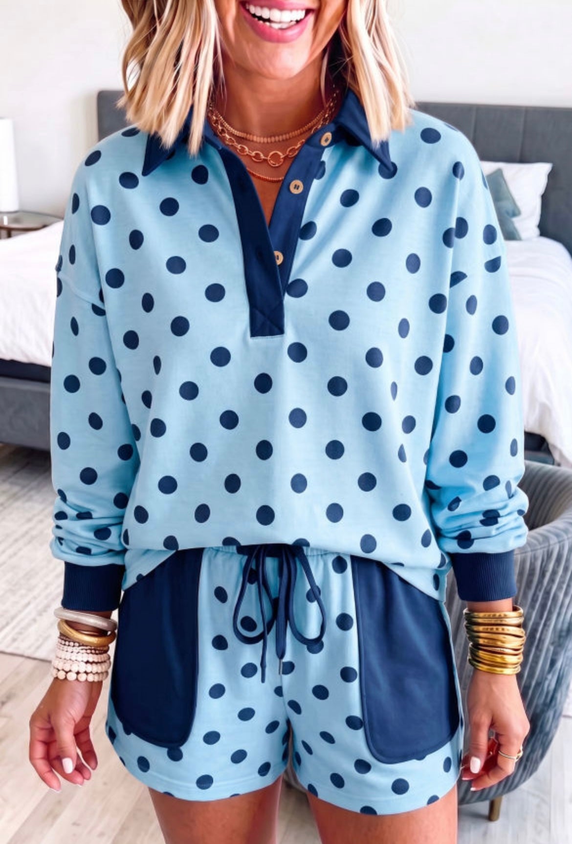Polka Dot Drop Shoulder Polo Loose Pullover Patch Pocket Casual Shorts Set